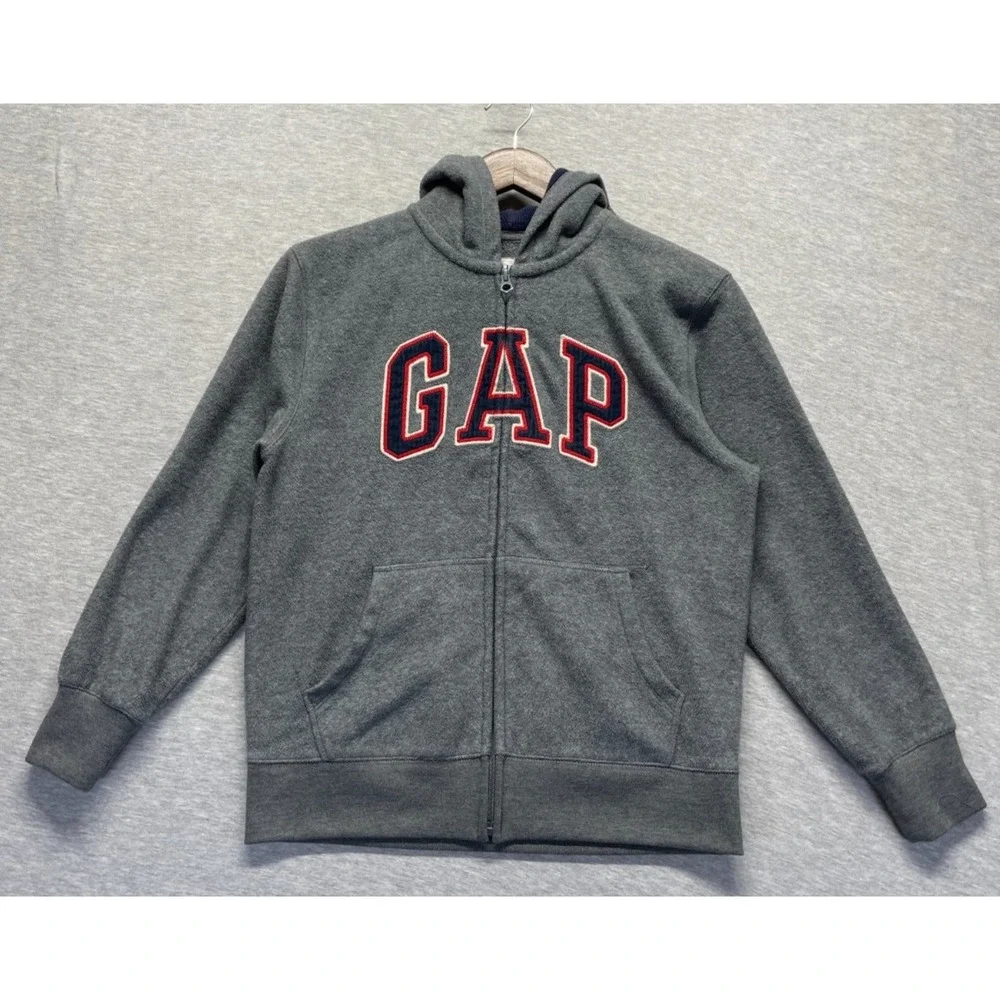 Gap Hoodie Unisex Kids XL (12-13) Gray Fleece Applique Spellout Logo Full Zip